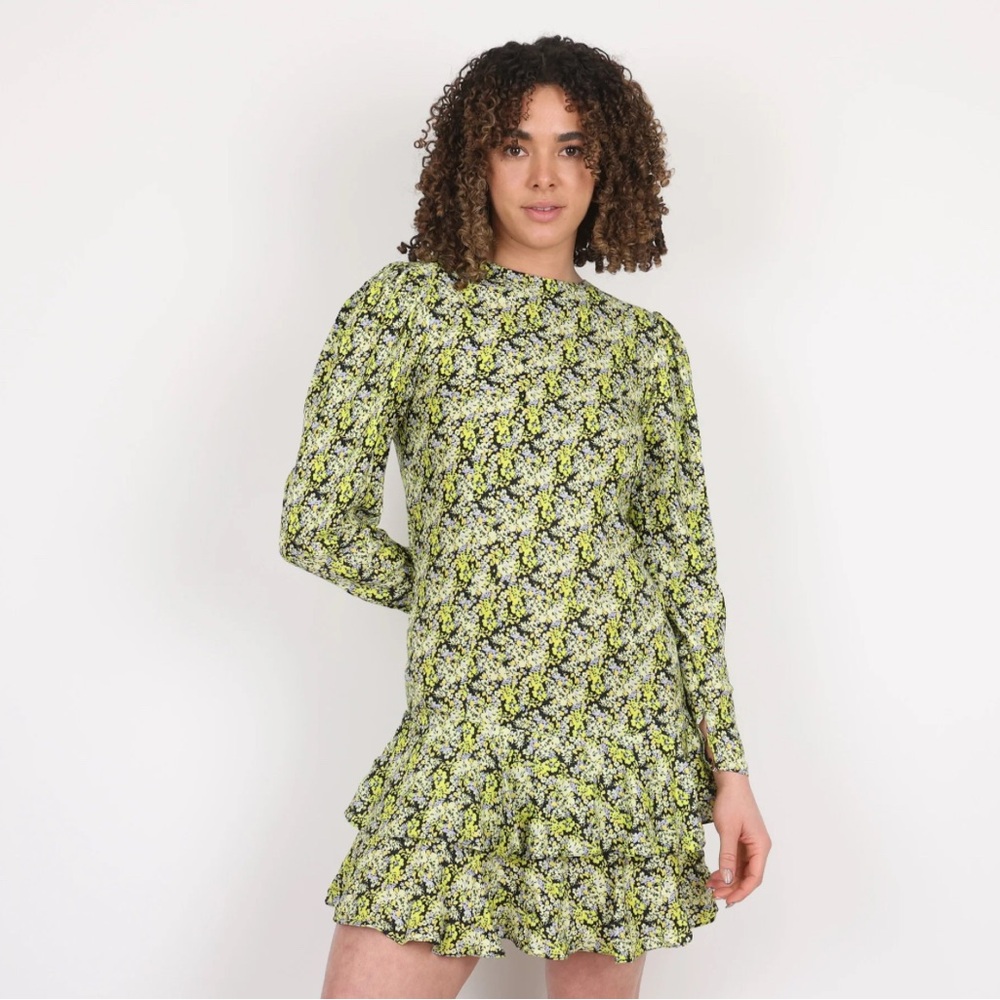 Green and White Ruffled Mini Dress with Bishop Sleeves